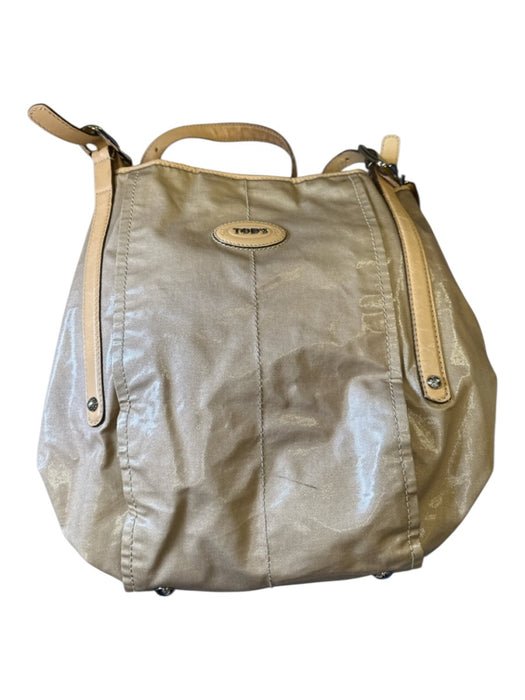 Tod's Tan Leather & Coated Canvas Top Handles Silver Hardware Bag Tan / L