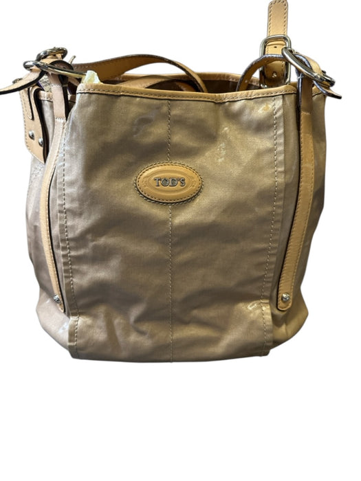 Tod's Tan Leather & Coated Canvas Top Handles Silver Hardware Bag Tan / L