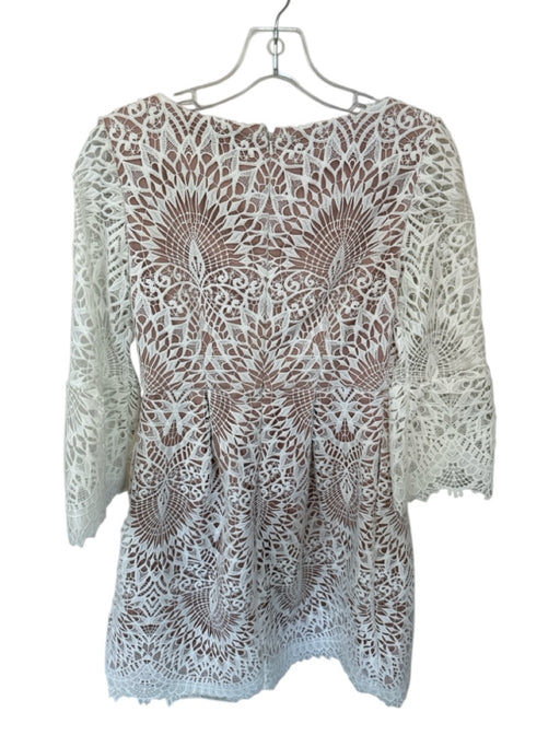 Monique Lhuillier Size 4 White & Nude Lace Long Sleeve Pleat Detail Dress White & Nude / 4