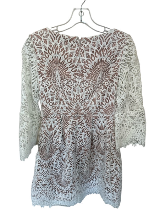 Monique Lhuillier Size 4 White & Nude Lace Long Sleeve Pleat Detail Dress White & Nude / 4