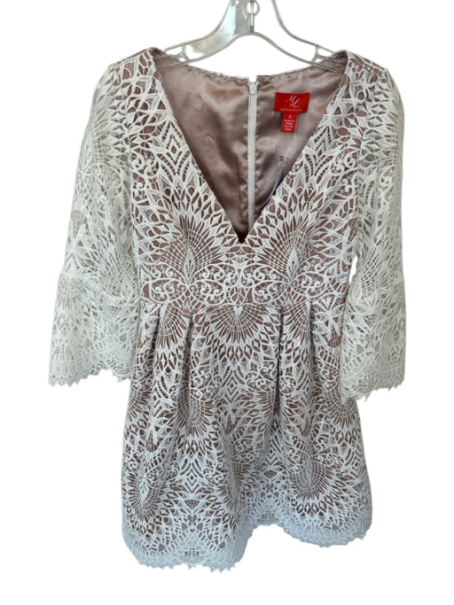 Monique Lhuillier Size 4 White & Nude Lace Long Sleeve Pleat Detail Dress White & Nude / 4
