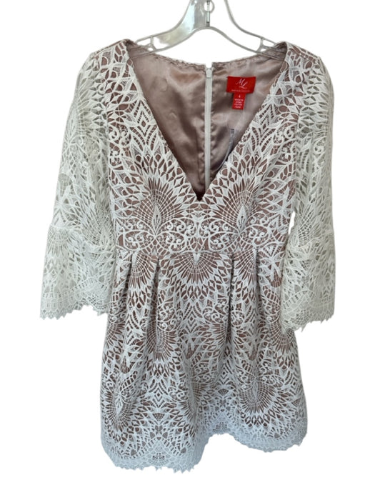 Monique Lhuillier Size 4 White & Nude Lace Long Sleeve Pleat Detail Dress White & Nude / 4