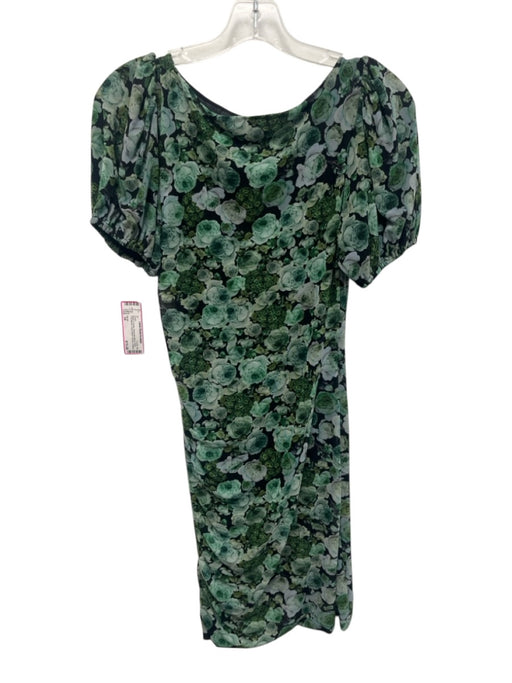 Ganni Size 34 Black & Green Polyamide Blend Short Puff Sleeve Floral Dress Black & Green / 34