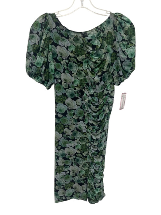 Ganni Size 34 Black & Green Polyamide Blend Short Puff Sleeve Floral Dress Black & Green / 34