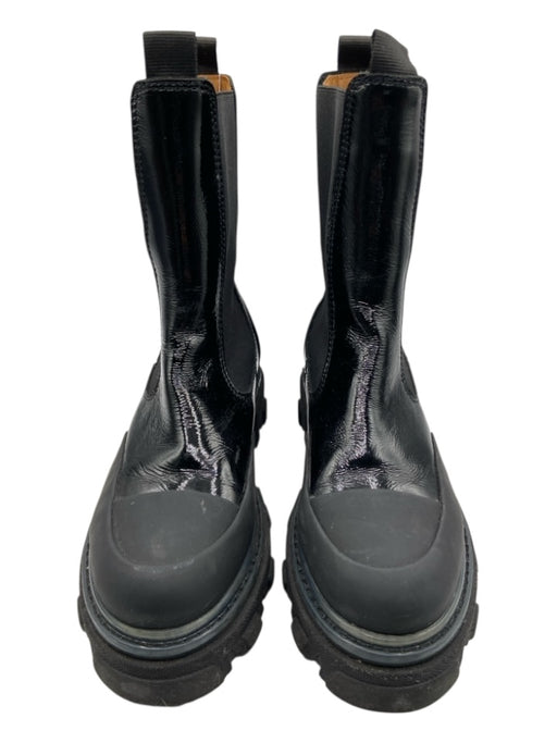 Ganni Shoe Size 39 Black Rubber Patent Accents Fabric Block Platform Lug Booties Black / 39