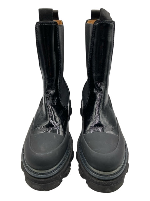 Ganni Shoe Size 39 Black Rubber Patent Accents Fabric Block Platform Lug Booties Black / 39