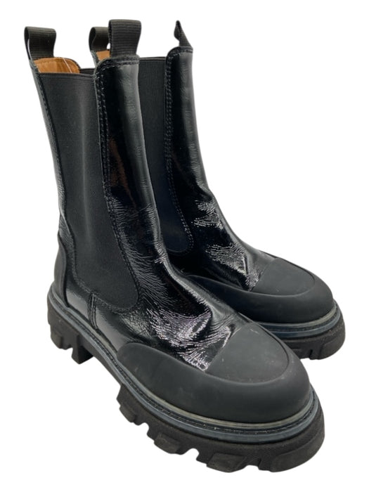 Ganni Shoe Size 39 Black Rubber Patent Accents Fabric Block Platform Lug Booties Black / 39