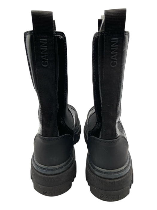 Ganni Shoe Size 39 Black Rubber Patent Accents Fabric Block Platform Lug Booties Black / 39