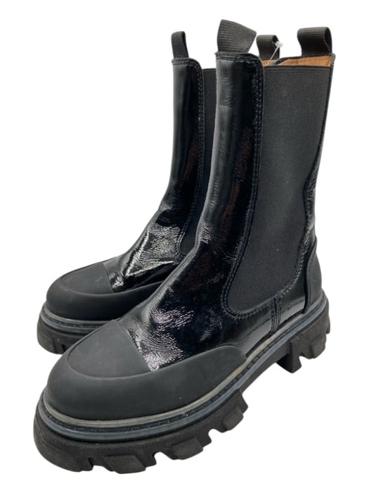 Ganni Shoe Size 39 Black Rubber Patent Accents Fabric Block Platform Lug Booties Black / 39