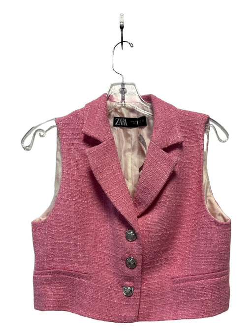 Zara Size XS Pink Tweed Vest Crop Silver Buttons Single Breasted Top Pink / XS
