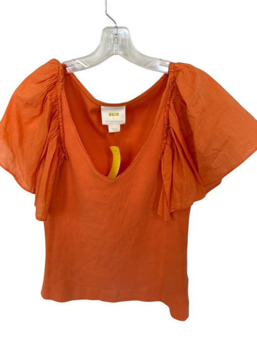 Maeve Size M Orange Cotton & Elastane V Neck Flutter Sleeve Ribbed Top Orange / M