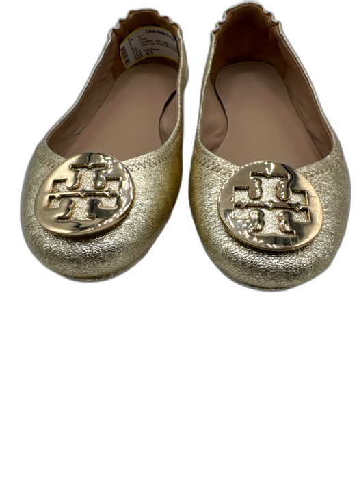 Tory Burch Shoe Size 8.5 Gold Leather Round Toe Gold Logo Ballerina Flats Gold / 8.5