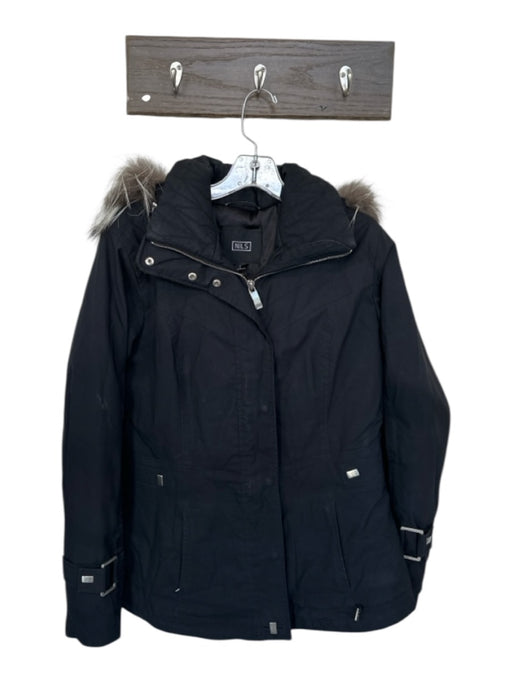 Nils Size 6 Black & Taupe Polyester Blend Fur Hood Button & Zip Front Jacket Black & Taupe / 6