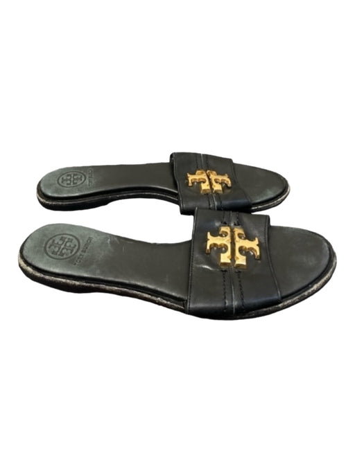 Tory Burch Shoe Size 6.5 Black & Gold Leather Flat Slip On Logo Open Toe Sandals Black & Gold / 6.5
