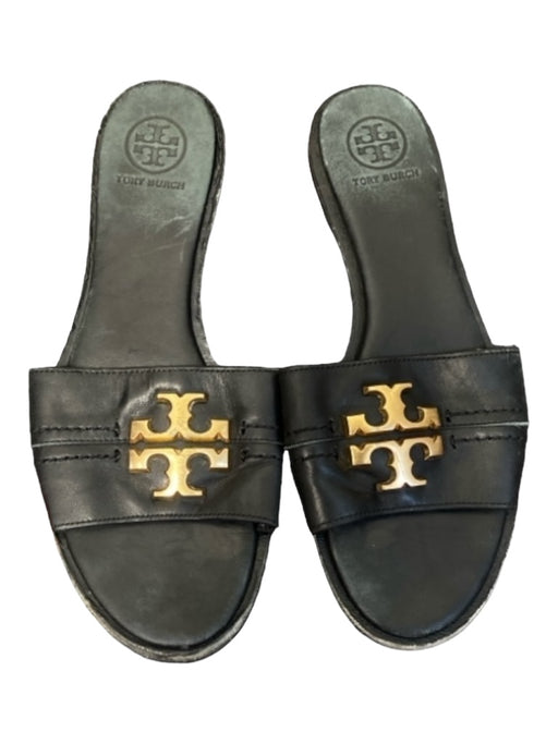 Tory Burch Shoe Size 6.5 Black & Gold Leather Flat Slip On Logo Open Toe Sandals Black & Gold / 6.5