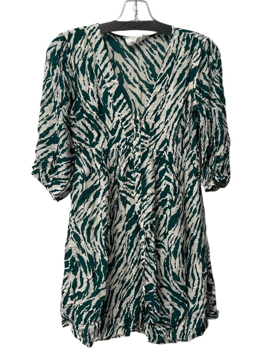 Ba&sh Size 0 Green & White Viscose V Neck Button Up 3/4 Sleeve Mini Dress Green & White / 0