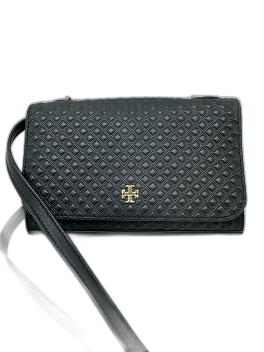 Tory Burch Black Leather Embossed Flap Magnetic Snap Closure Crossbody Bag Black