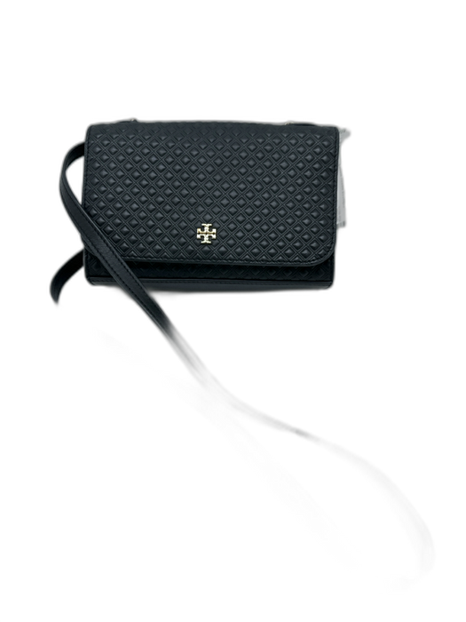 Tory Burch Black Leather Embossed Flap Magnetic Snap Closure Crossbody Bag Black