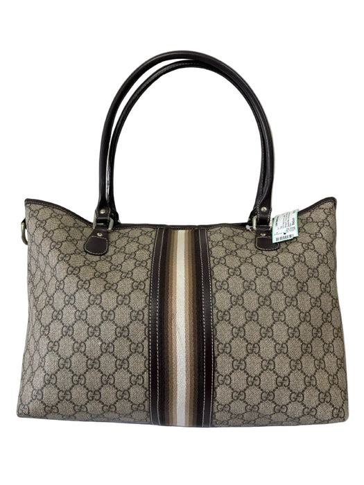 Gucci Beige & Brown Leather Monogram Canvas Stripe Detail Tote Bag