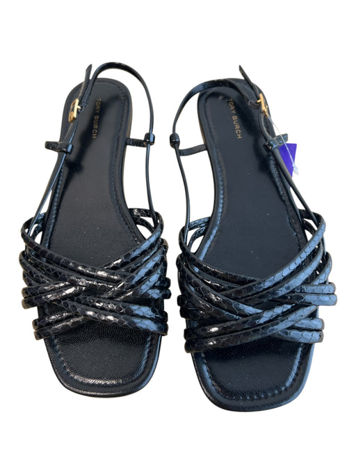 Tory Burch Shoe Size 8.5 Black Leather open toe Flat Strappy Ankle Strap Shoes Black / 8.5