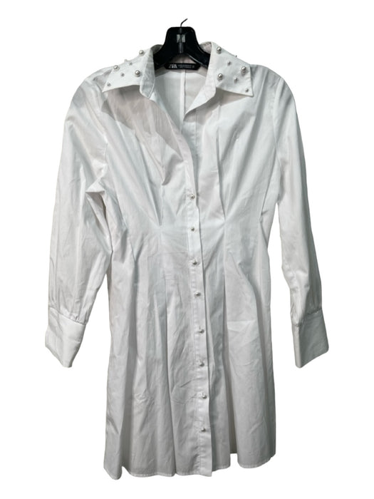 Zara Size XS White Cotton Button Front Long Sleeve Pearl detail Dress White / XS