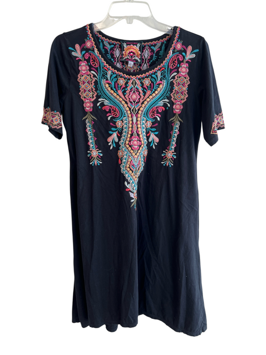 Johnny Was Size S Black & Multi Cotton Short Sleeve Embroidered Design Dress Black & Multi / S