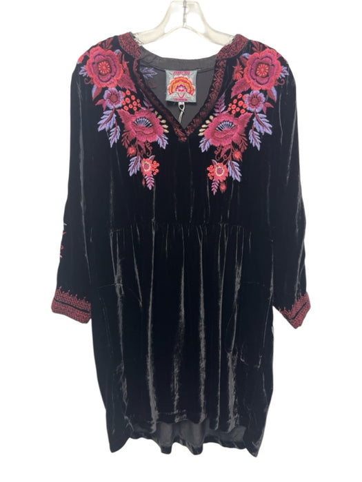 Johnny Was Size M Black, Purple & Pink Silk Blend Velvet Floral Embroidery Dress Black, Purple & Pink / M