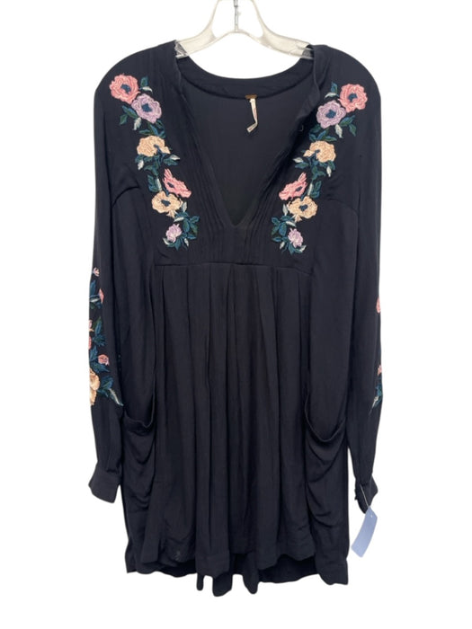 Free People Size S Black, Purple & Pink Rayon Floral Embroidered V Neck Dress Black, Purple & Pink / S