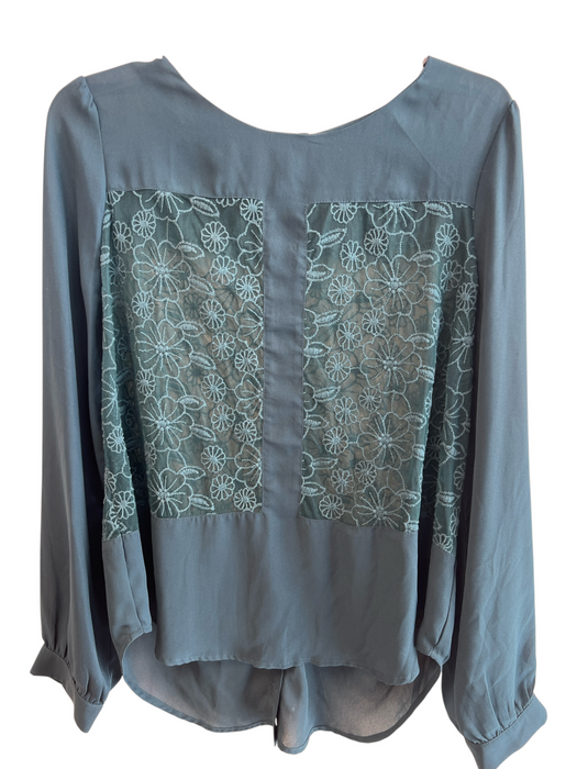 ASTR Size L Turquiose Polyester Mesh Long Sleeve Collar Back Button Top Turquiose / L