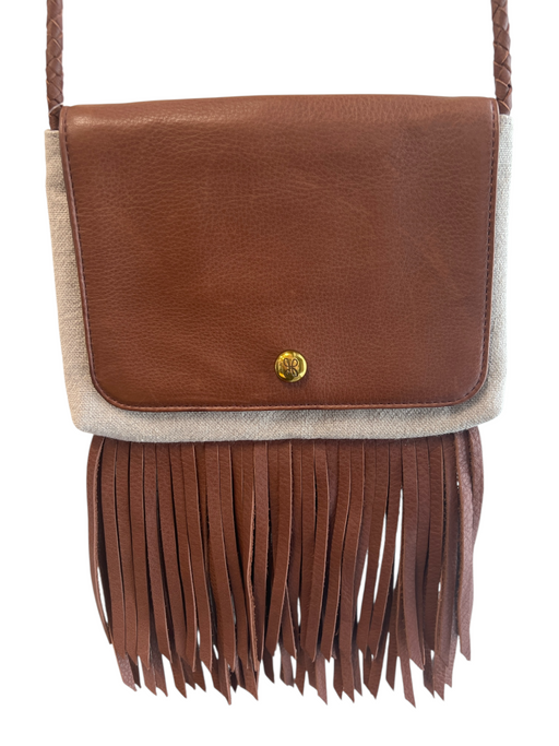 Hobo Beige Leather & Linen Fringe Crossbody Magnetic Close Inside Zipper Bag Beige / S
