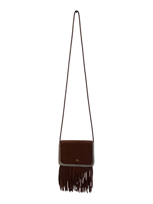 Hobo Beige Leather & Linen Fringe Crossbody Magnetic Close Inside Zipper Bag Beige / S