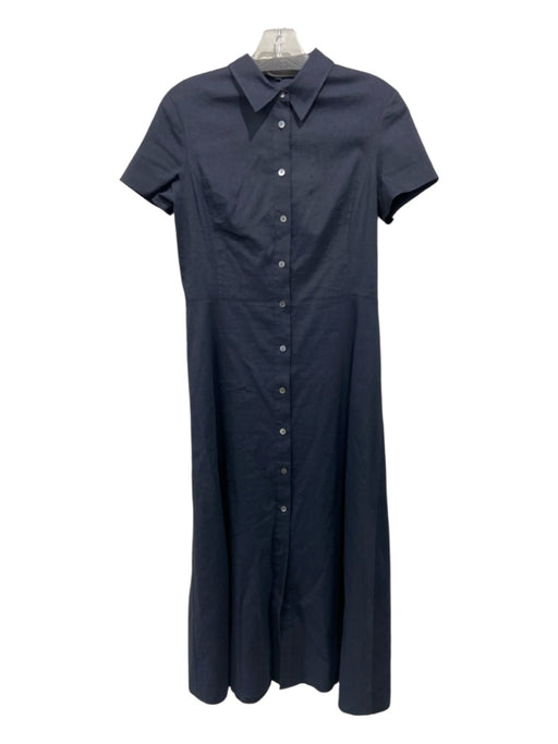 Theory Size 4 Navy Linen Blend Cap Sleeve Button Front Collar Midi Dress Navy / 4