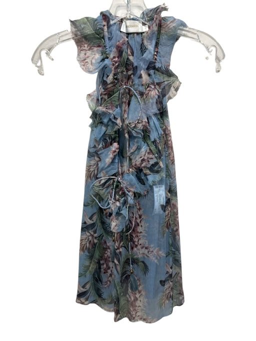 Zimmermann Size 1 Blue, Purple, Green Silk Chiffon Palm Frond Print Flounce Top Blue, Purple, Green / 1