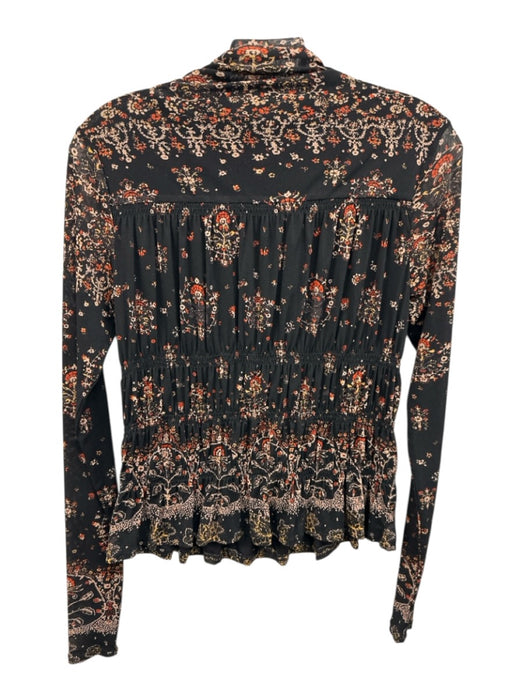 Rebecca Taylor Size S Black Nylon Long Sleeve Floral Mock Neck Pleats Top Black / S
