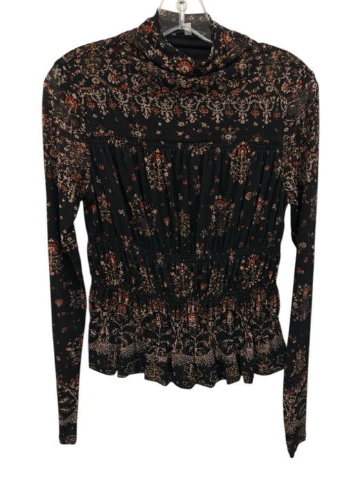 Rebecca Taylor Size S Black Nylon Long Sleeve Floral Mock Neck Pleats Top Black / S