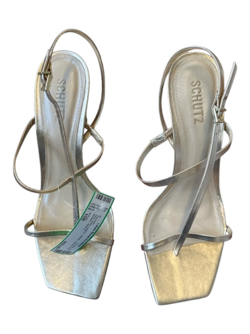 Schutz Shoe Size 10B Gold Leather Stiletto Square Toe Metallic Sandals Gold / 10B