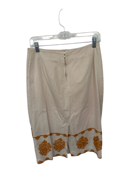 By Anthropologie Size 8 Tan & Orange Cotton Embroidered Back Zip Pencil Skirt Tan & Orange / 8