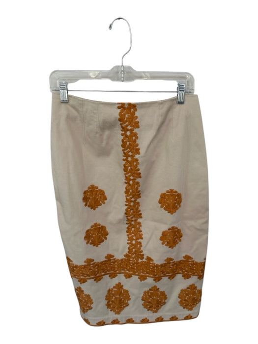 By Anthropologie Size 8 Tan & Orange Cotton Embroidered Back Zip Pencil Skirt Tan & Orange / 8
