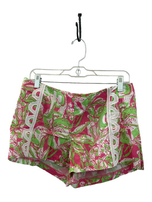 Lilly Pulitzer Size 10 Pink, Green & White Cotton Floral Scallop Detail Shorts Pink, Green & White / 10