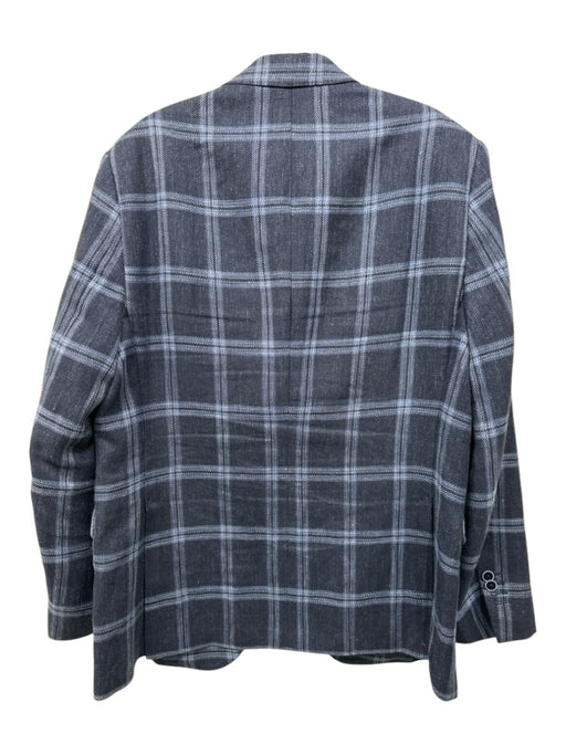 Massimo Dutti Navy & Light Blue Linen Blend Plaid 2 Button Men's Blazer Navy & Light Blue / 42