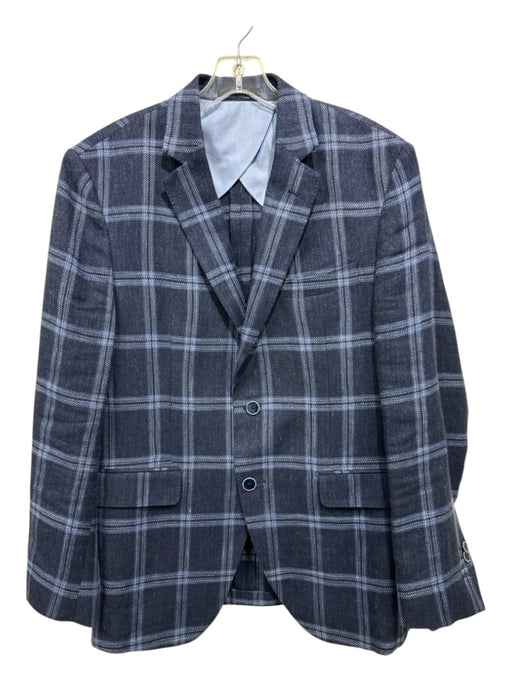 Massimo Dutti Navy & Light Blue Linen Blend Plaid 2 Button Men's Blazer Navy & Light Blue / 42