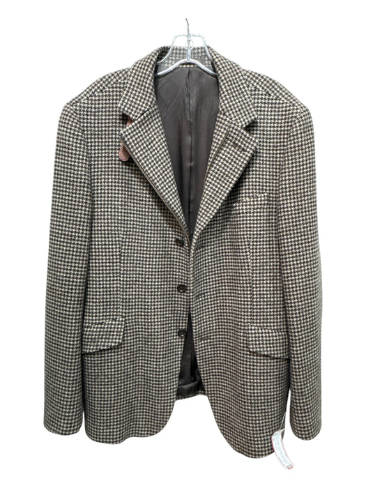 Adolfo Dominguez Brown & Beige Print Wool Houndstooth Zipper Detail Men's Blazer Brown & Beige Print / 48
