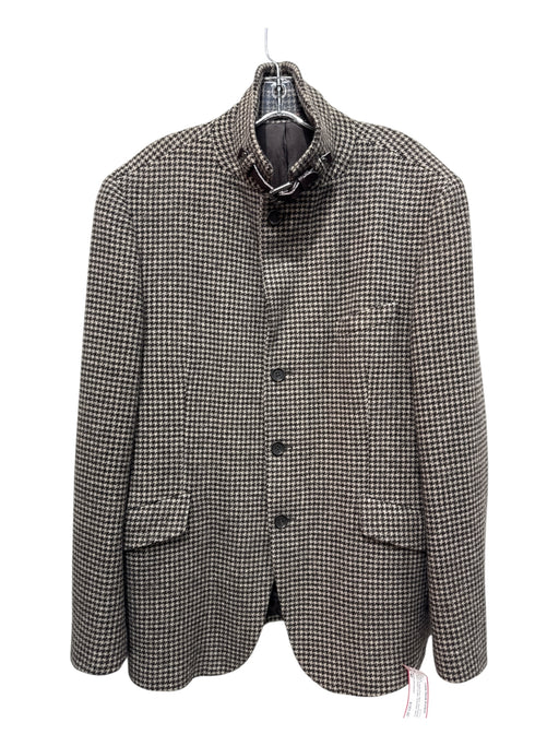 Adolfo Dominguez Brown & Beige Print Wool Houndstooth Zipper Detail Men's Blazer Brown & Beige Print / 48