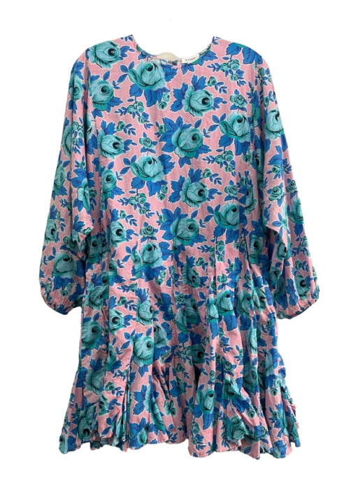 Rhode Size M Pink & blue Cotton Floral Round Neck Long Sleeve Flounce Hem Dress Pink & blue / M