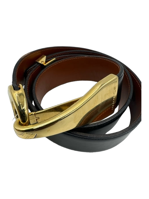 St John Black & Gold Leather Gold Buckle Clip Clasp Belts Black & Gold / L