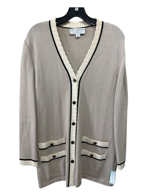 St John Collection Size M Gray, Ivory, Black Wool Blend Scalloped Trim Cardigan Gray, Ivory, Black / M