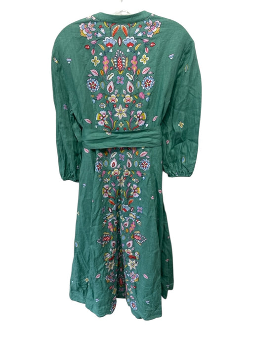 Boden Size XS Green & Multi Linen Long puff sleeve Floral Print V Neck Dress Green & Multi / XS