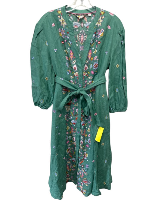 Boden Size XS Green & Multi Linen Long puff sleeve Floral Print V Neck Dress Green & Multi / XS