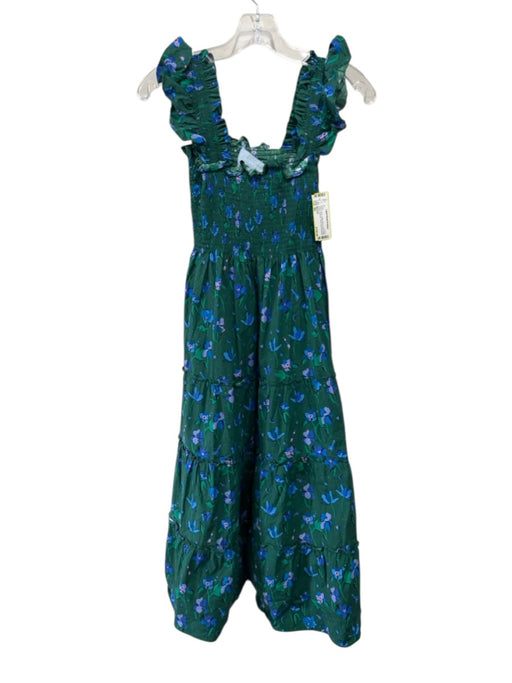 Hill House Size XS Green & Blue Cotton Blend Floral Ruffle Straps Smocked Dress Green & Blue / XS