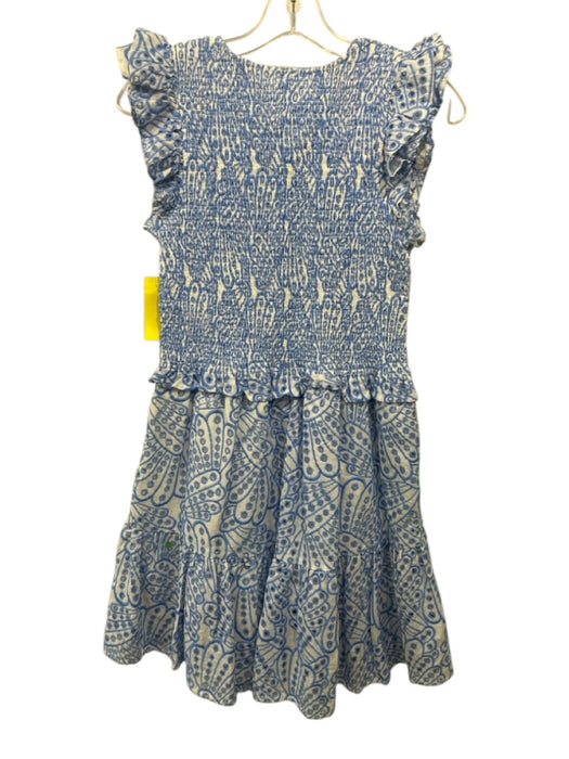 Elan Size M White & Blue Cotton Blend Eyelet Shirred Ruffle Cap Sleeve Dress White & Blue / M